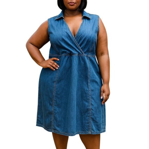 Faded Glory Plus Size 20W Denim Dress Surplice Collared Sleeveless Side Zip - Picture 1 of 10